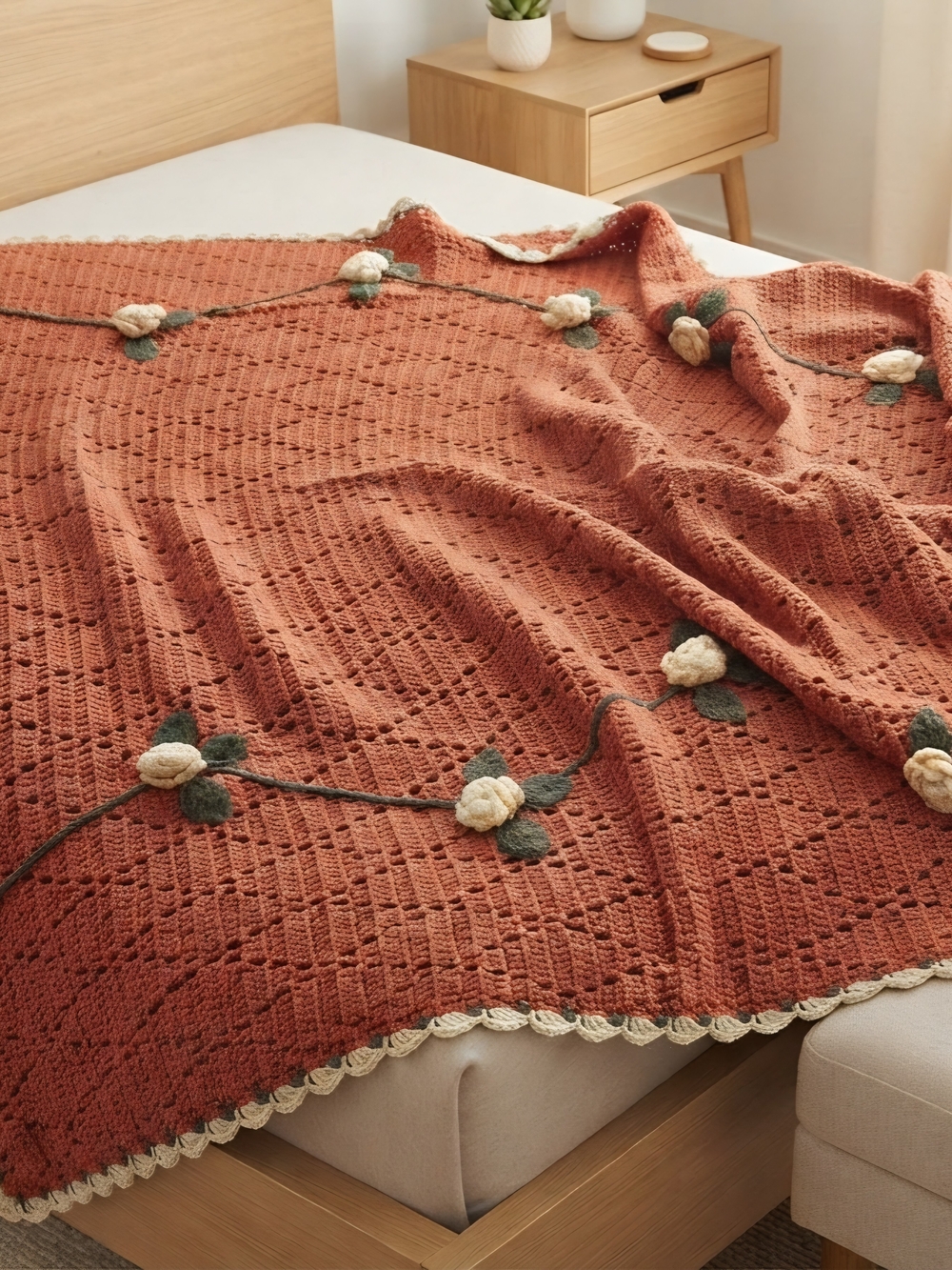 Rust Floral Crochet Throw Blanket by